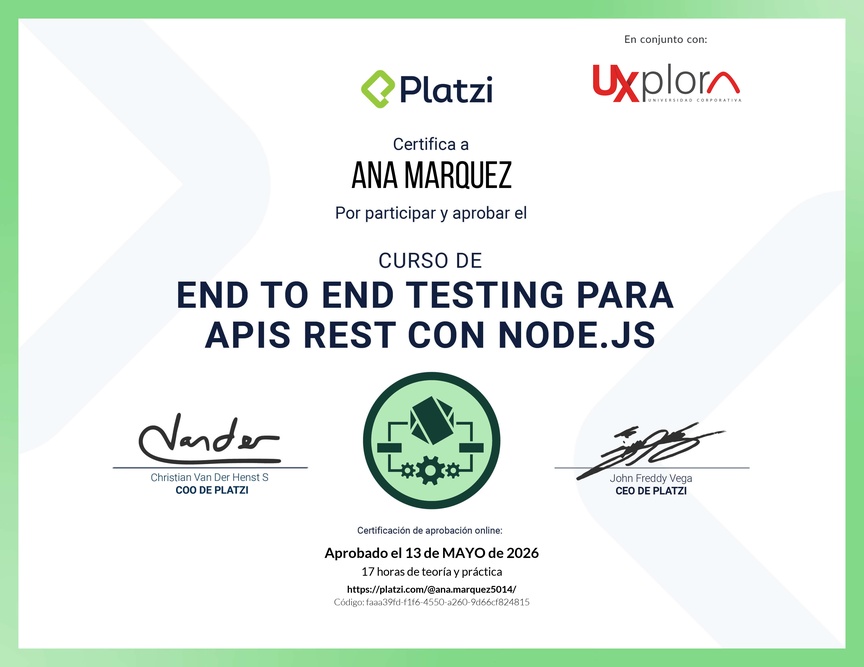 Diploma del Curso de End to End Testing para APIs REST con Node.js
