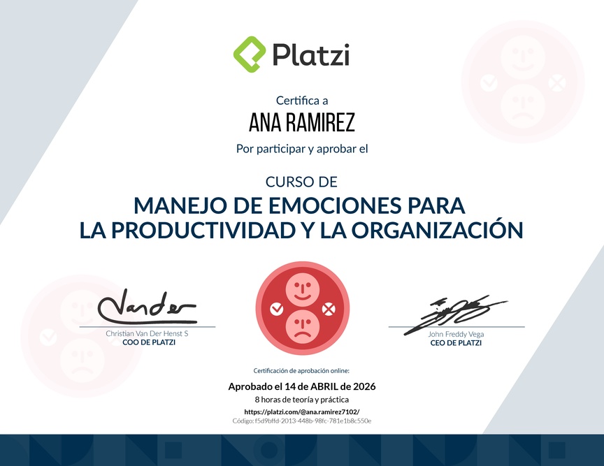 Diploma del Curso de Manejo de Emociones para la Productividad y la Organización