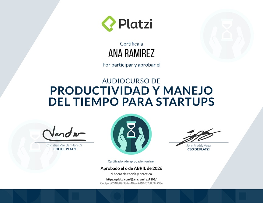 Diploma de Audiocurso de Productividad y Manejo del Tiempo para Startups