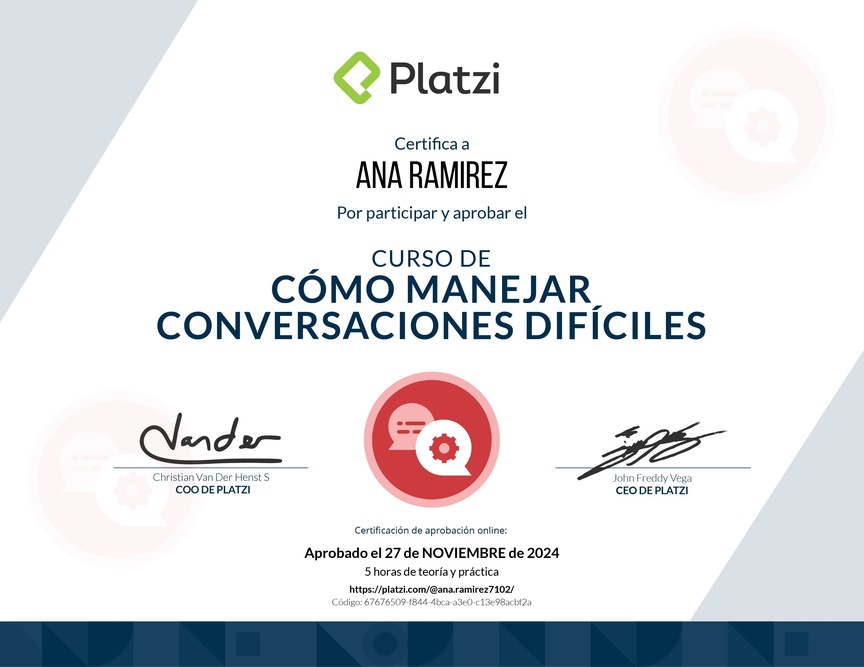 Diploma del Curso de Cómo Manejar Conversaciones Difíciles con Clientes