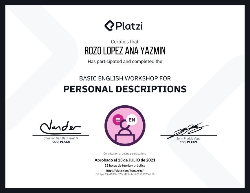 Diploma del Curso de Inglés Práctico para Descripciones Personales (2020=