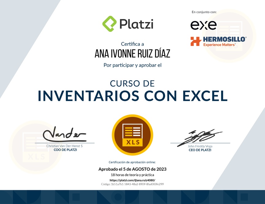 Diploma del Curso de Inventarios con Excel