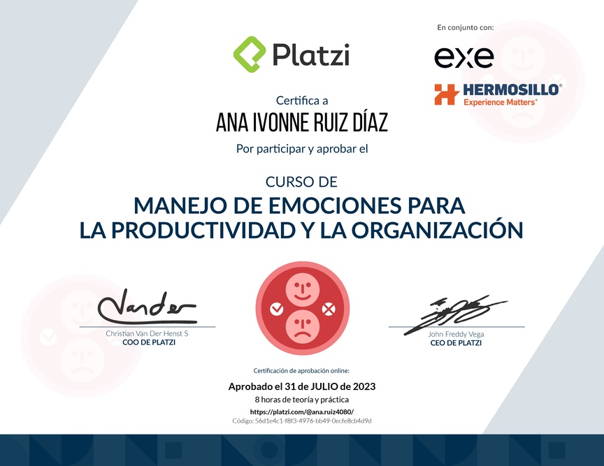 Diploma del Curso de Manejo de Emociones para la Productividad y la Organización