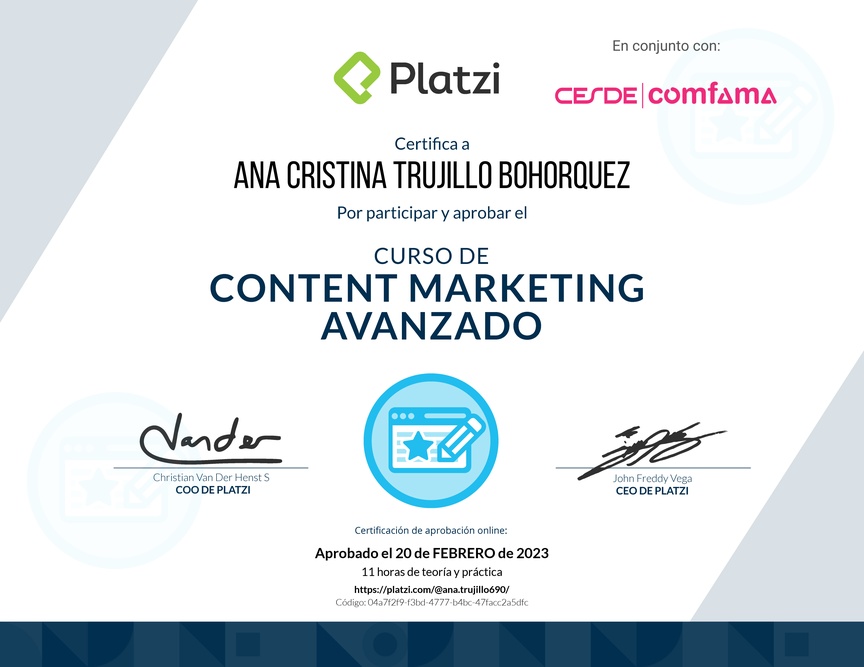 Diploma del Curso de Desarrollo de Estrategias de Content Marketing