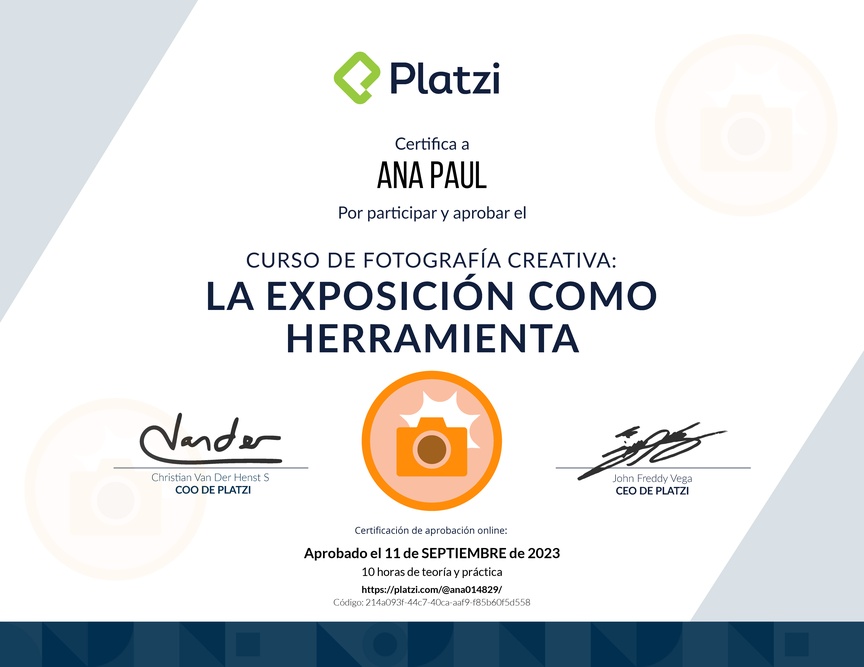 Diploma del Curso de Fotografía Creativa: Técnicas de Exposición