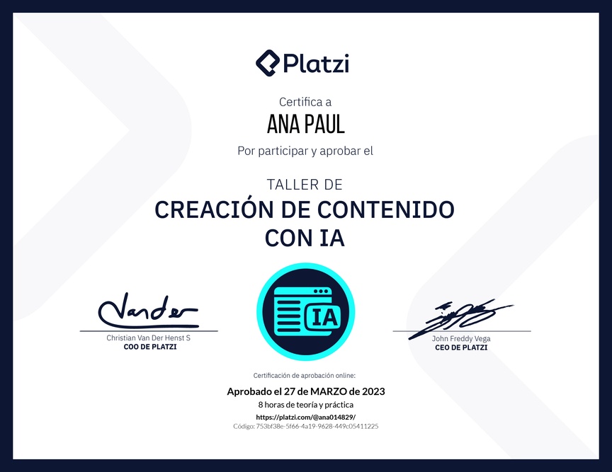 Diploma de Taller de Creación de Contenido con Inteligencia Artificial
