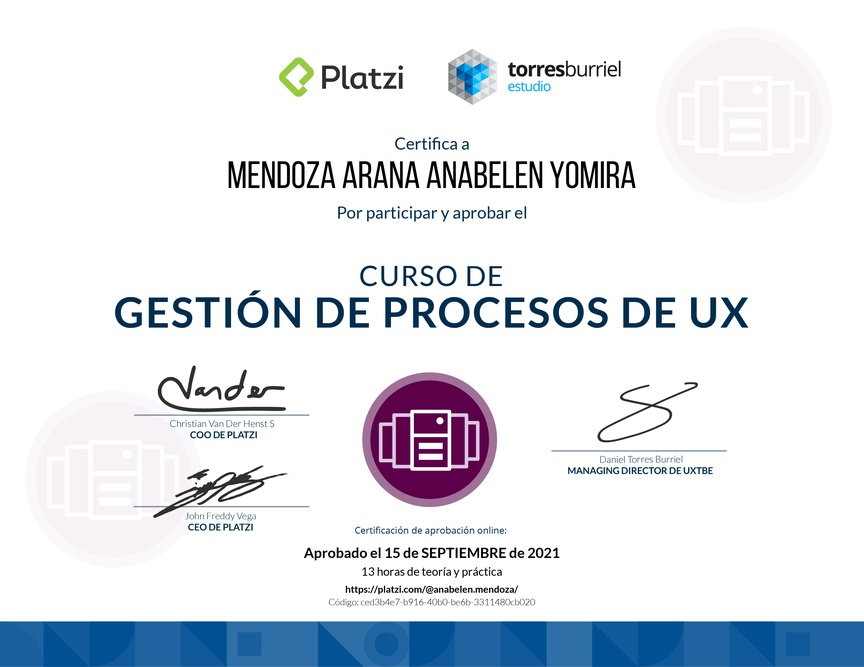 Diploma del Curso de Gestión de Procesos UX