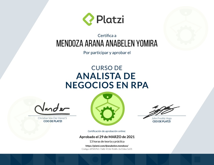 Diploma del Curso de Business Analyst para RPA