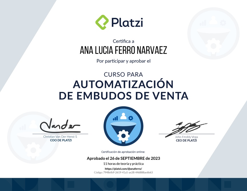 Diploma del Curso de Automatización de Embudos de Venta (2022)