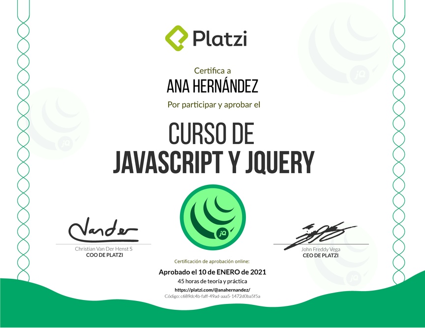 Diploma del Curso de JavaScript y jQuery 2015