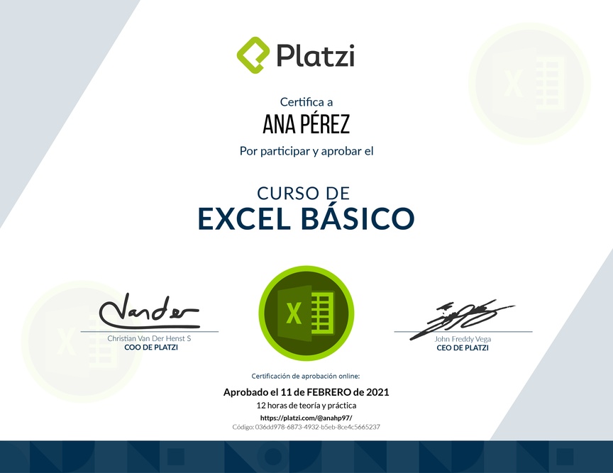 Diploma del Curso de Excel Básico