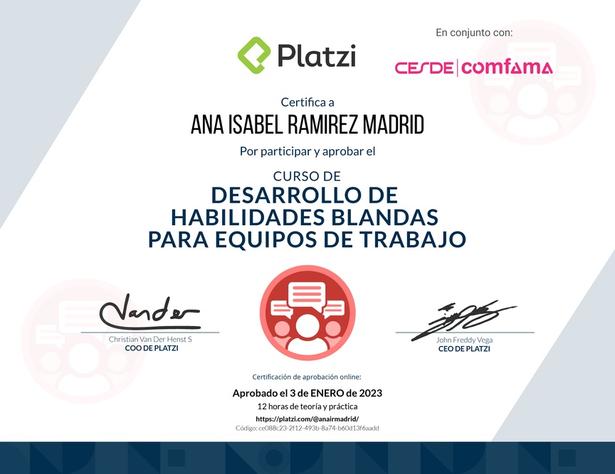 Diploma del Curso de Desarrollo de Habilidades Blandas para Equipos de Trabajo