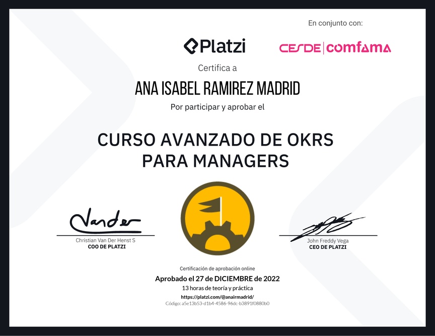 Diploma del Curso Avanzado de OKRs para Managers