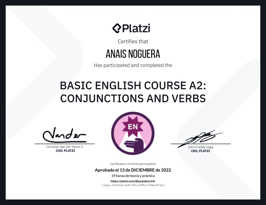 Diploma del Curso de Inglés Básico A2: Conjunciones y Verbos