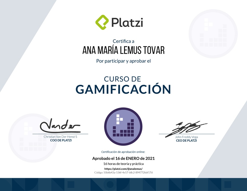 Diploma del Curso de Gamificación 2018