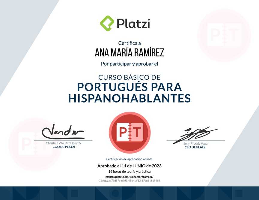 Diploma del Curso de Portugués para Hispanohablantes