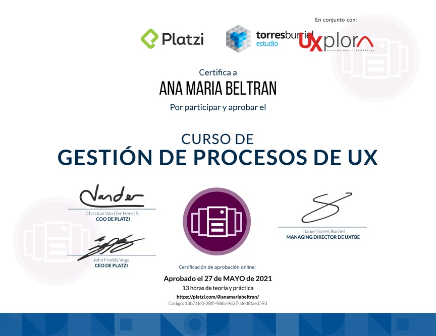 Diploma del Curso de Gestión de Procesos UX
