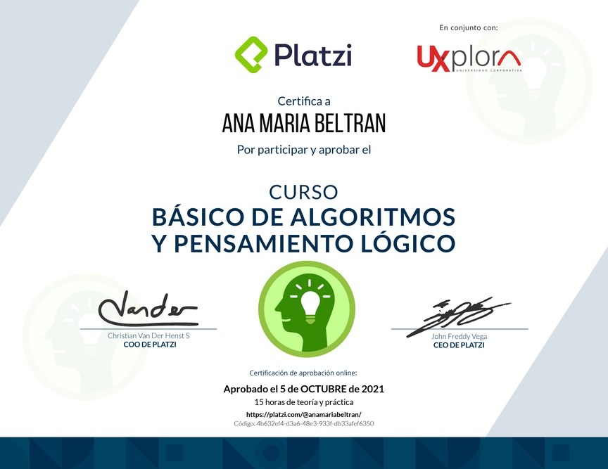 Diploma del Curso Básico de Algoritmos y Pensamiento Lógico