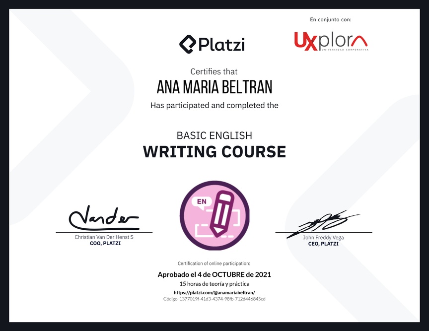 Diploma del Curso Básico de Escritura en Inglés