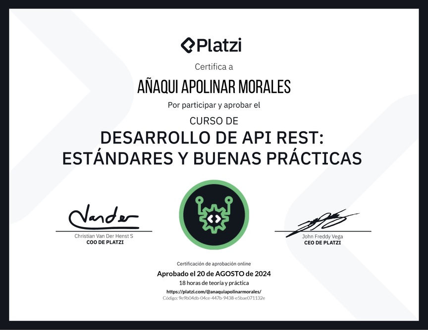 Diploma del Curso de Estándares y  Buenas Prácticas para API REST con Laravel