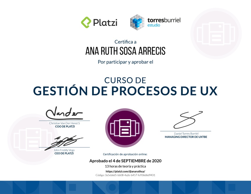 Diploma del Curso de Gestión de Procesos UX