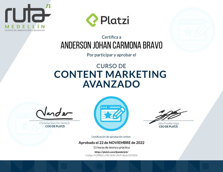 Diploma del Curso de Desarrollo de Estrategias de Content Marketing