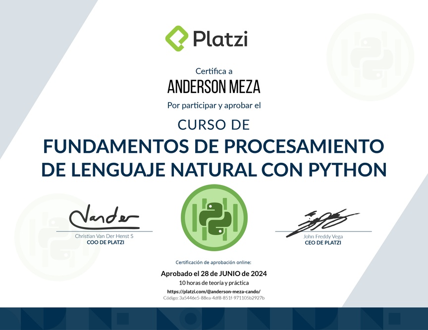 Diploma del Curso de Fundamentos de Procesamiento de Lenguaje Natural con Python y NLTK