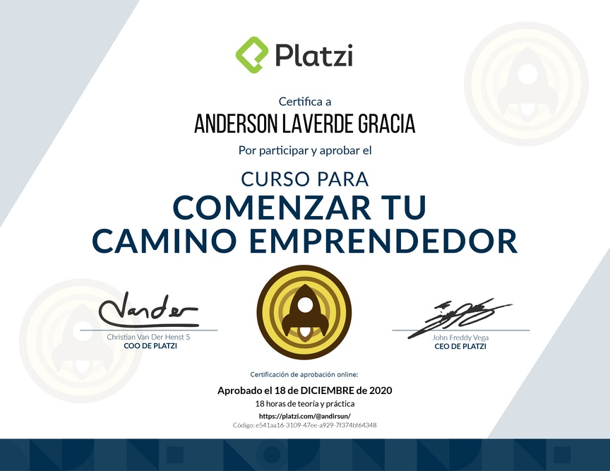 Diploma del Curso para Comenzar tu Camino Emprendedor