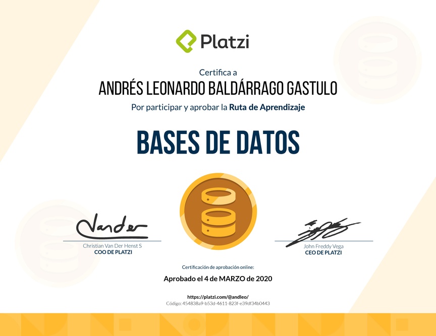 Diploma de la Ruta de Aprendizaje de Bases de datos desde cero