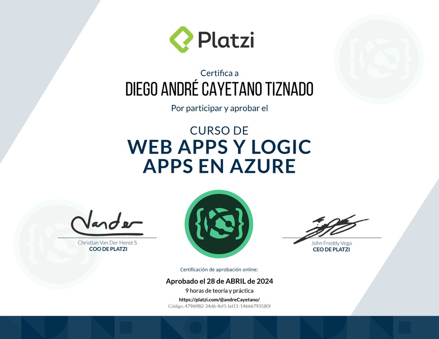 Diploma del Curso de Web Apps y Logic Apps en Azure