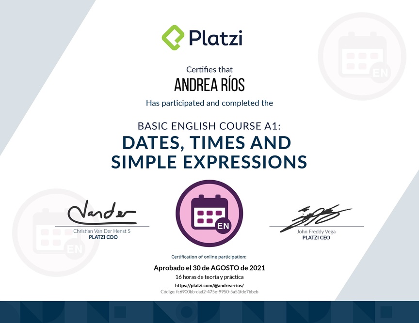 Diploma del Curso de Inglés Básico A1: Fechas, Horas y Expresiones Simples