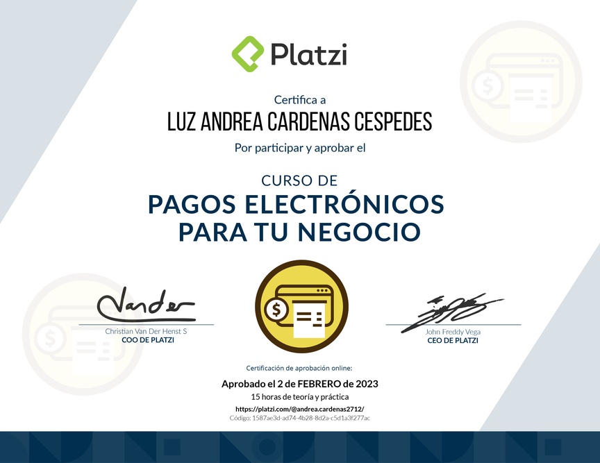 Diploma del Curso de E-Commerce para Implementar Pagos Electrónicos