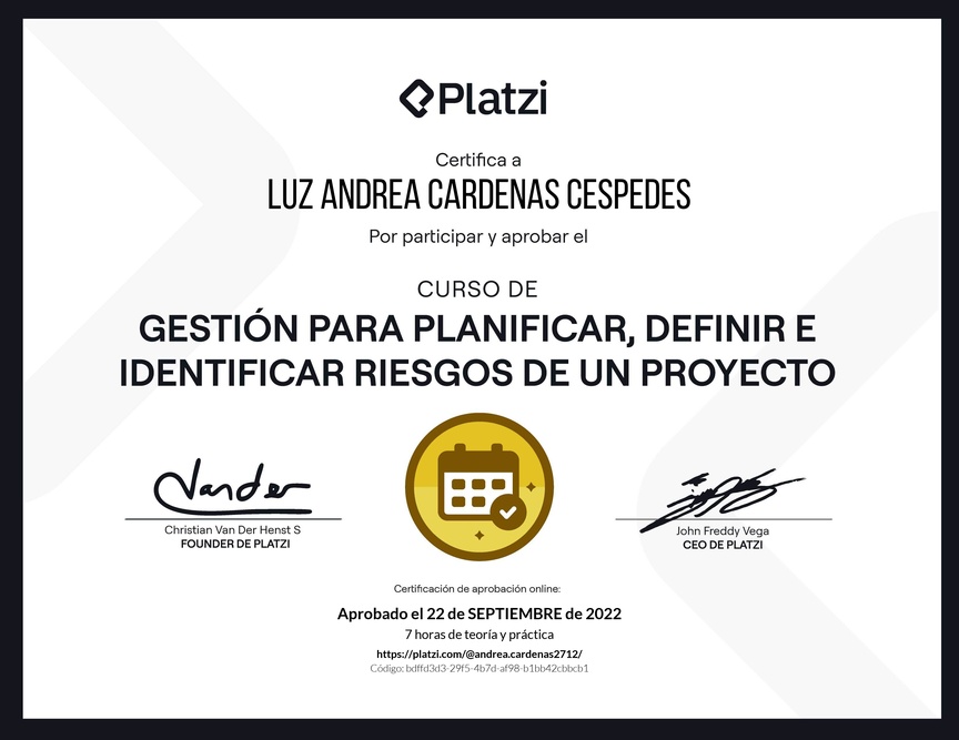 Diploma del Curso de Gestión para Planificar, Definir e Identificar Riesgos de un Proyecto