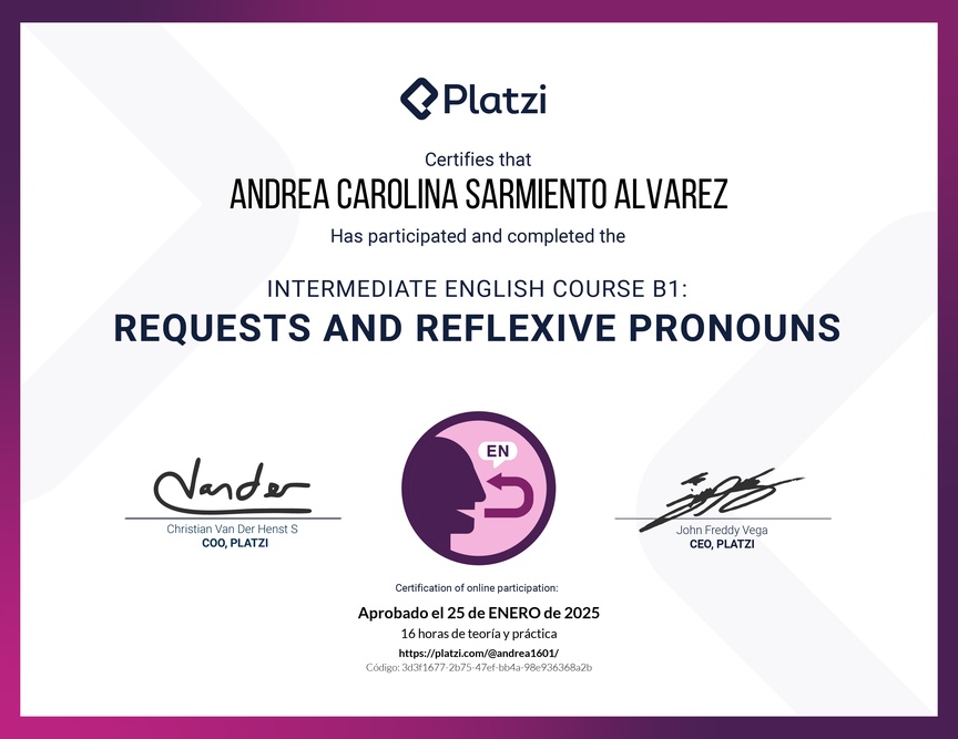 Diploma del Curso de Inglés Intermedio B1: Solicitudes y Pronombres Reflexivos