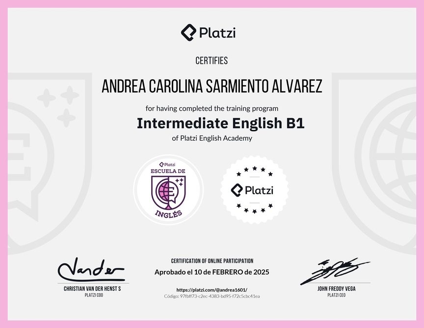 Diploma de la Ruta de Aprendizaje de Inglés Intermedio B1