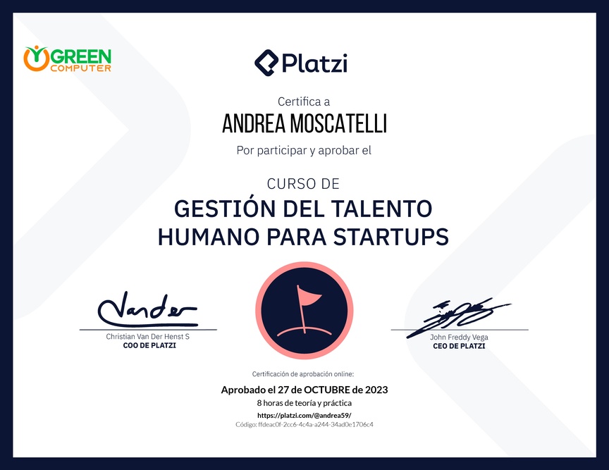 Diploma del Curso de Gestión del Talento Humano para Startups