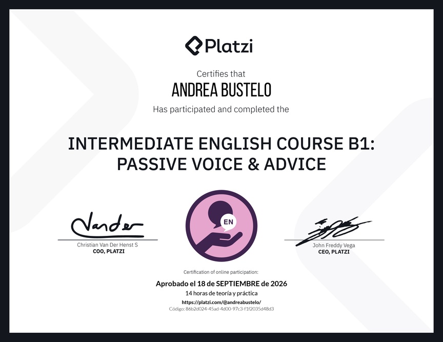 Diploma del Curso de Inglés Intermedio B1: Voz Pasiva y Consejos