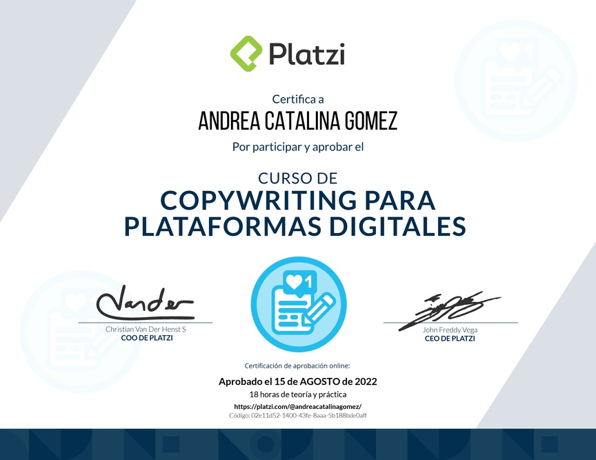 Diploma del Curso de Copywriting para Plataformas Digitales