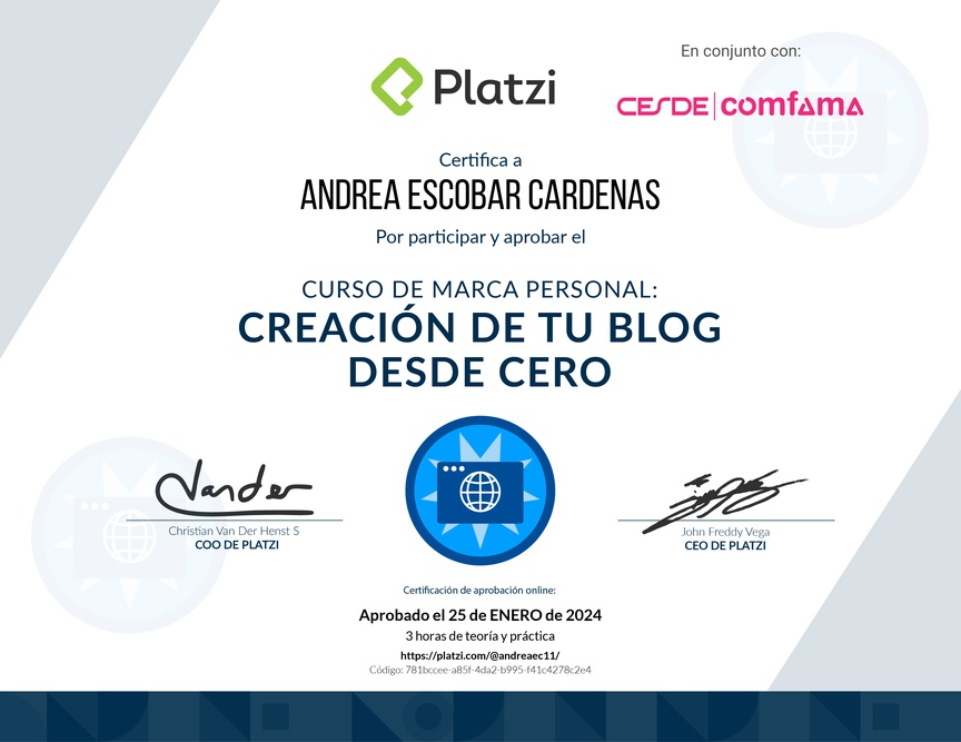 Diploma del Curso de Creación y Gestión de Blogs para Marca Personal