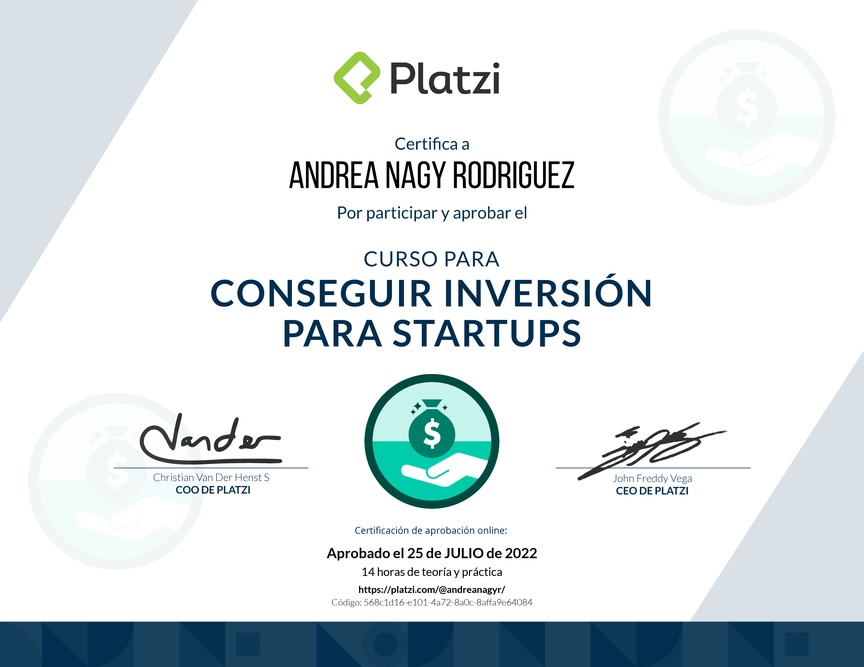 Diploma del Curso para Conseguir Inversión para Startups en Etapa Temprana
