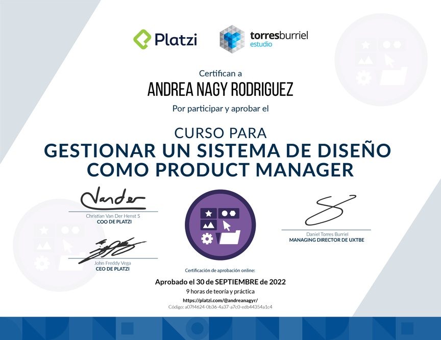 Diploma del Curso para Gestionar un Sistema de Diseño como Product Manager