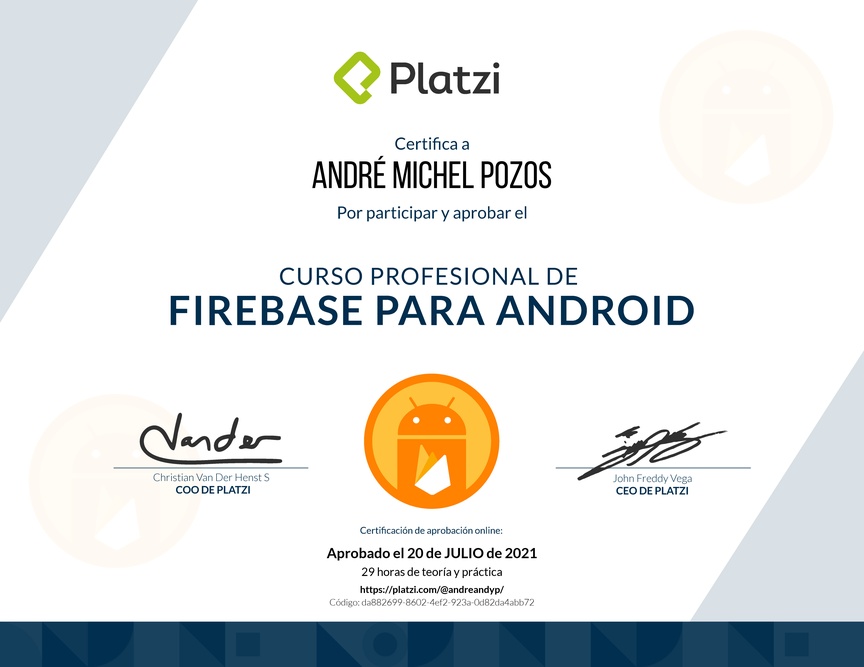 Diploma del Curso Profesional de Firebase para Android 2017