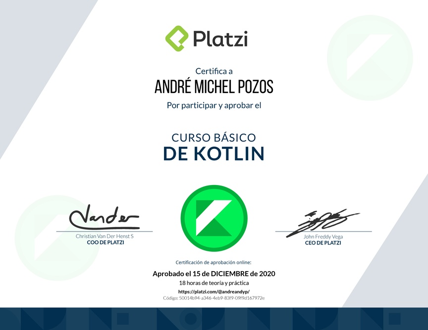 Diploma del Curso Básico de Kotlin 2019