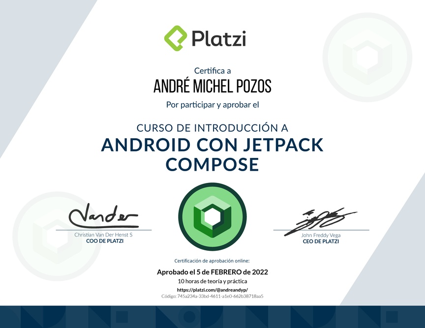 Diploma del Curso de Introducción a Android con Jetpack Compose - 2021