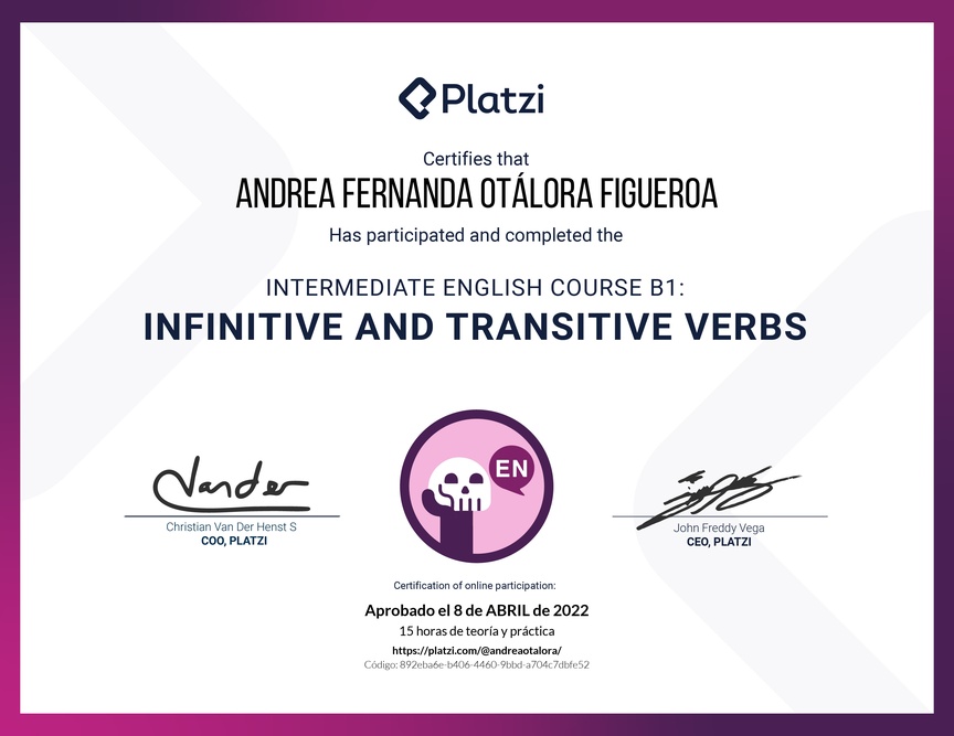 Diploma del Curso de Inglés Intermedio B1: Verbos Infinitivos y Transitivos (2021)