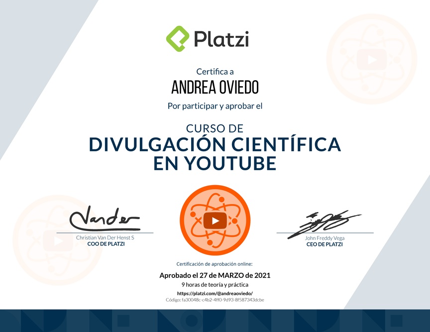 Diploma del Curso de Divulgación Educativa en YouTube