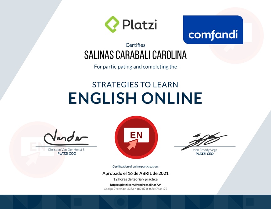 Diploma del Curso de Estrategias para Aprender Inglés Online 2020