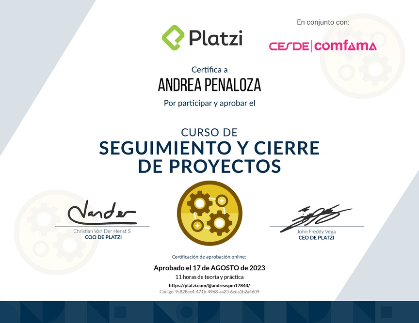 Diploma del Curso de Seguimiento y Cierre de Proyectos
