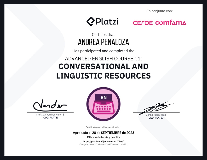 Diploma del Curso de Inglés Avanzado C1: Recursos Conversacionales y Lingüísticos