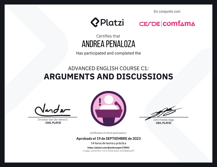 Diploma del Curso de Inglés Avanzado C1: Argumentos y Discusiones